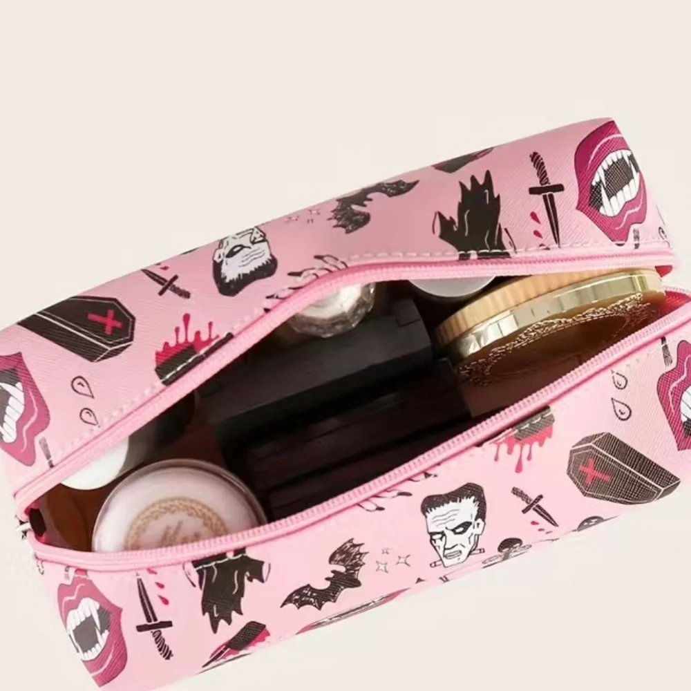 Halloween Pink Cosmetic Bag Goth Coffin Skeleton Dagger Fangs Ghoul Makeup - Picture 4 of 7